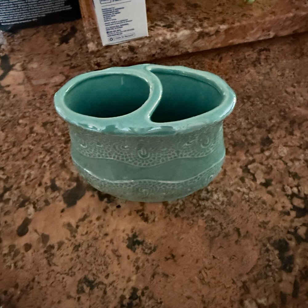 Bathroom Ceramic Trash Can & Toothbrush Holder Set Teal Bath Accessories Powder - Picture 9 of 11